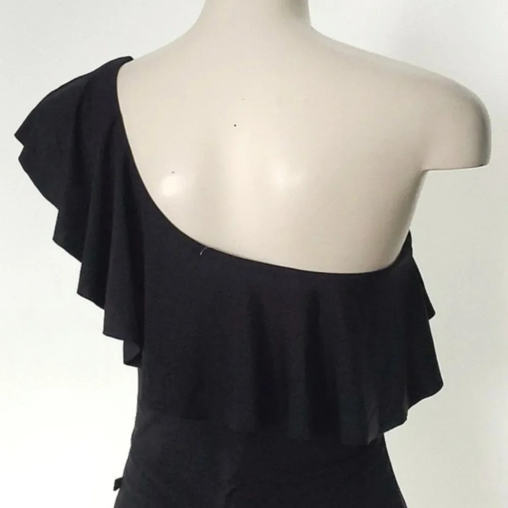 La Vie en Rose One Shoulder Ruffle Embroidered Flowers Black Bathing Suit Size M - Picture 3 of 11